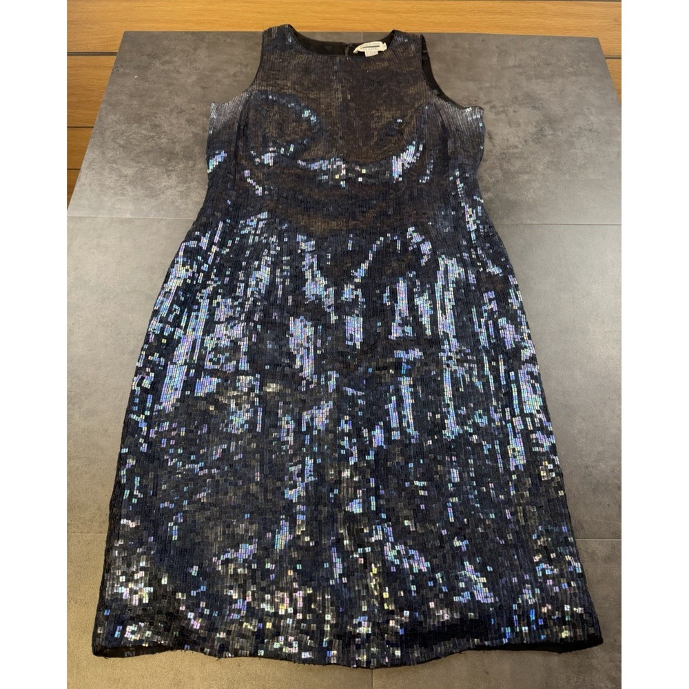 VTG 80's Mark & John by Gopal Dress 12 100% silk Navy Iridescent Sequin Midi